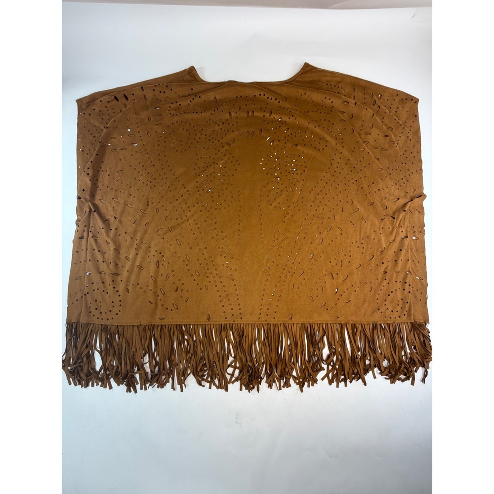 Wrangler Womens Faux Suede Perforated Fringe Poncho Top Brown XL LW4053X